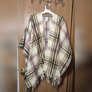 Woolrich Western Open Front Poncho Plaid Shawl Blanket Wrap Lagenlook Cape OS